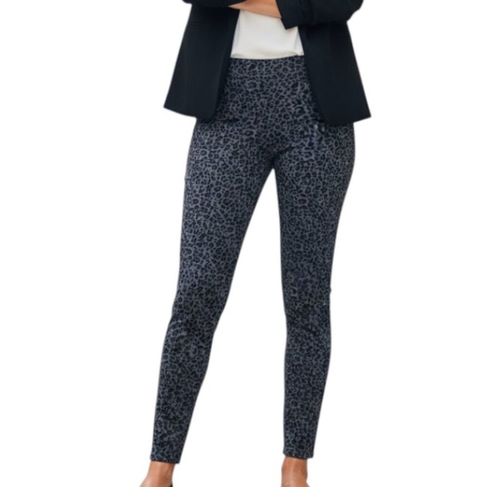 LOFT Womens Large Leggings Gray Black Leopard Animal Print Stretch Pull On Pants